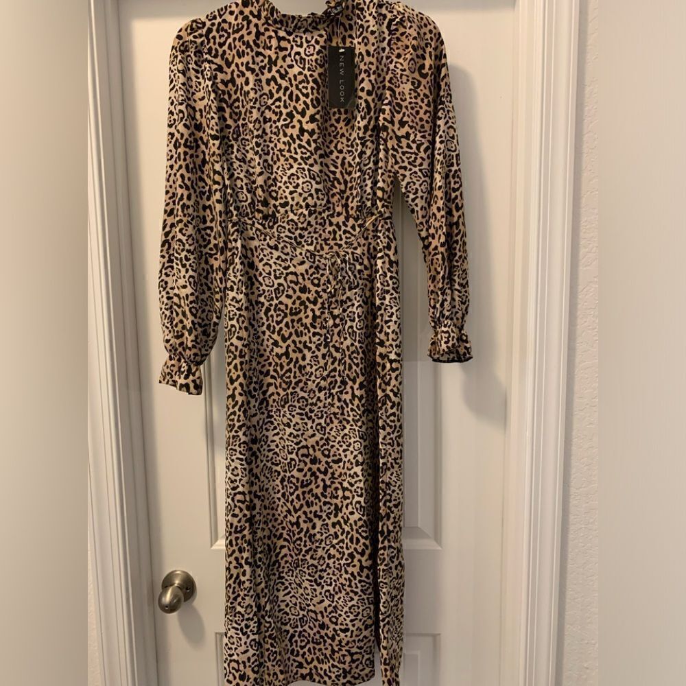 New Look Animal Print Ruched Mock Neck Midi Dress Size 4 Long Sleeves NWT